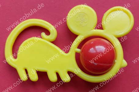 DDR Babyrassel Vintage Motiv Gelbe Maus mit roter Kugel