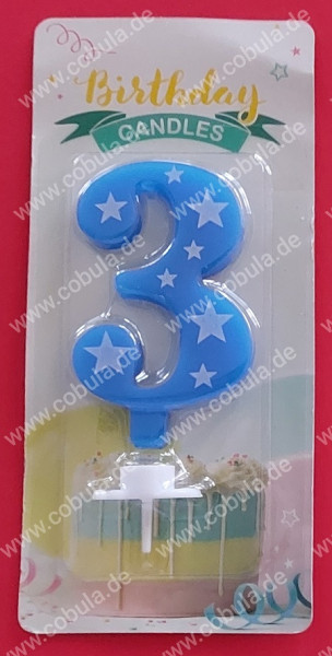 Zahlenkerze Birthday Nummer 3 Farbe Blau