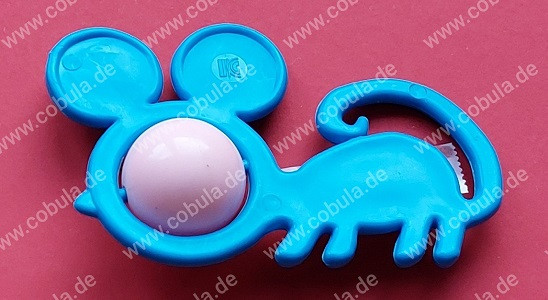 DDR Babyrassel Vintage Motiv Blaue Maus mit rosa Kugel